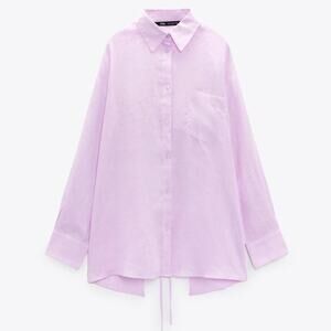 🌿 Zara Linen Oversized Shirt with a Cutout in the Back in Pastel Pink, XL